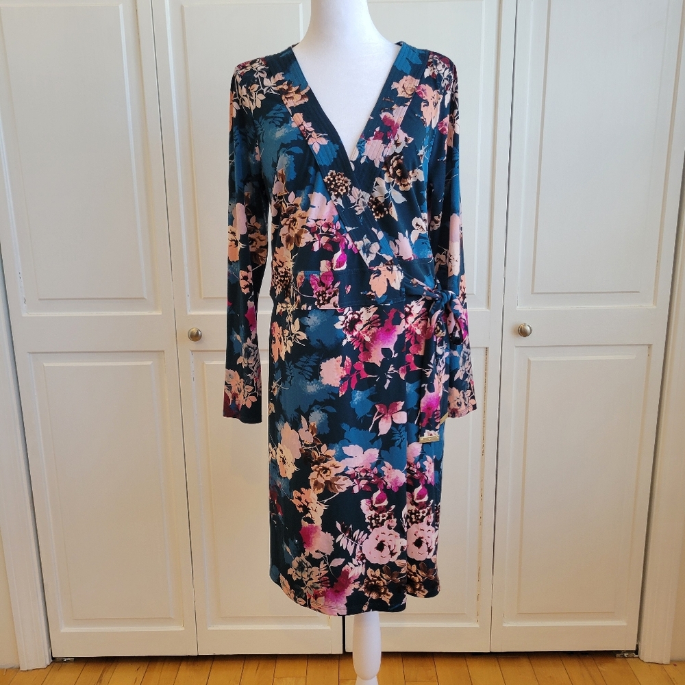 Thalia Sodi Teal Floral Wrap Dress with Pink Accents